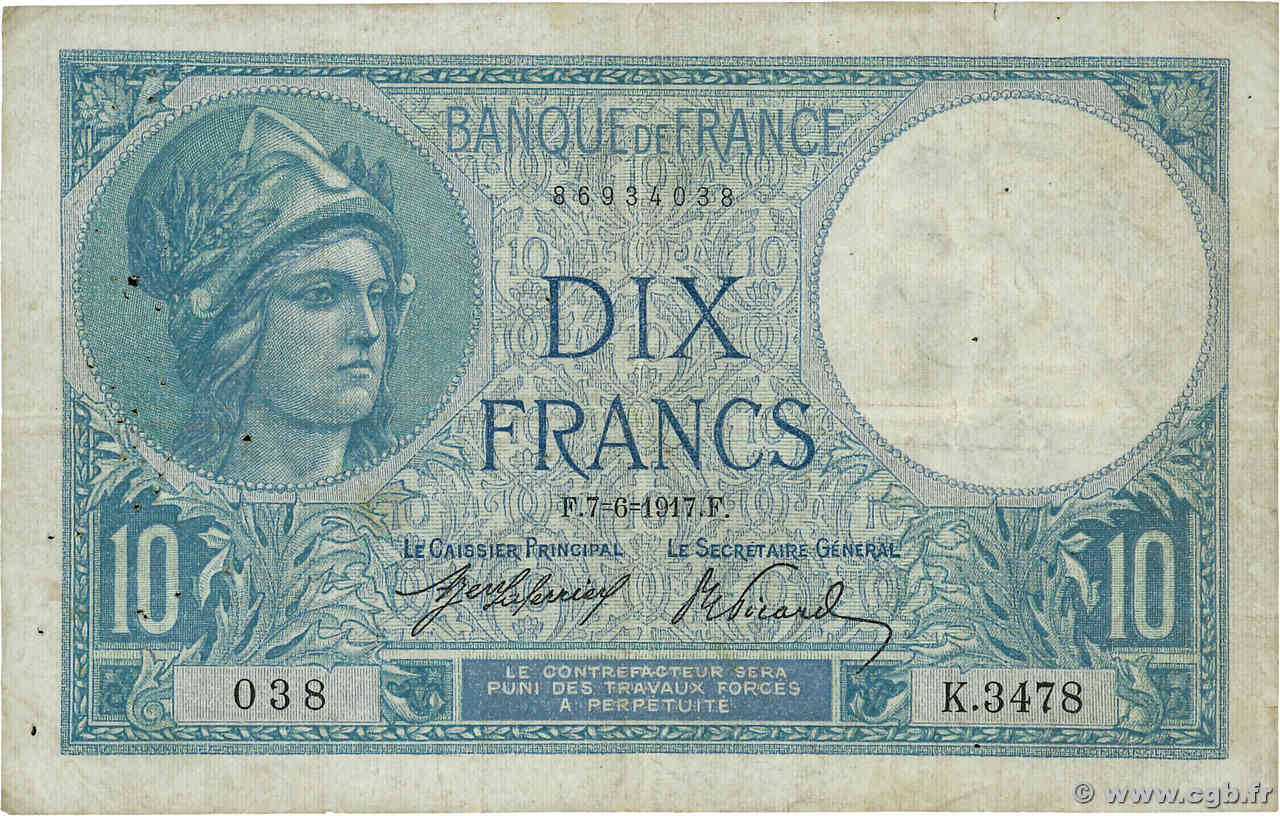 10 Francs MINERVE FRANKREICH  1917 F.06.02 S