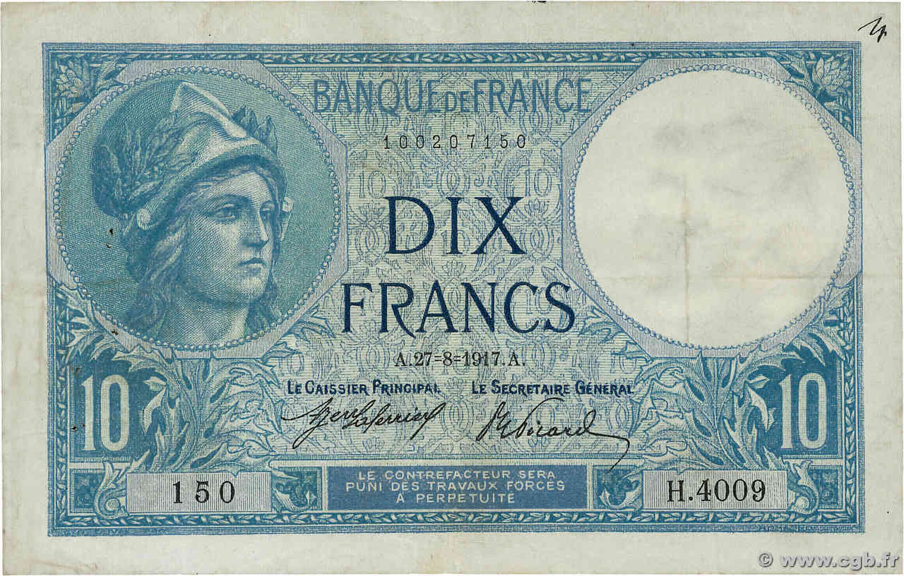 10 Francs MINERVE FRANCE  1917 F.06.02a VF