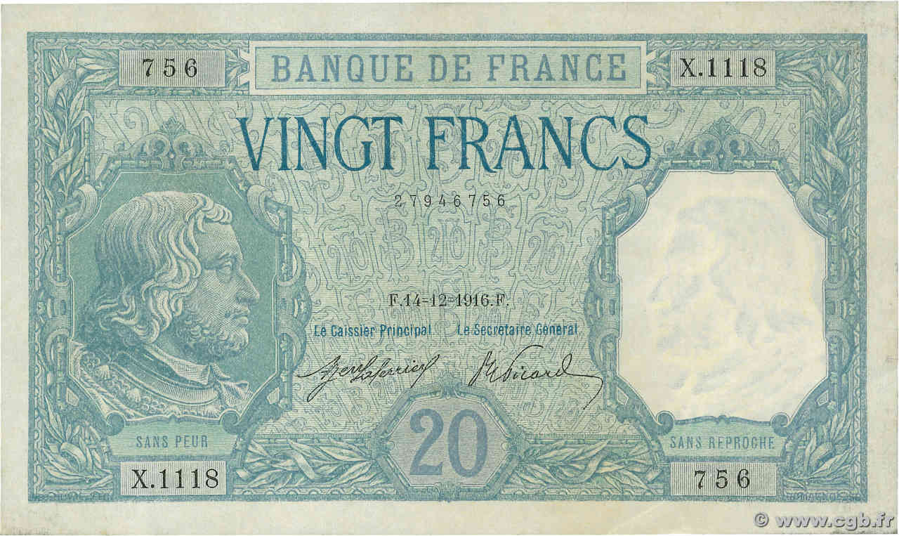 20 Francs BAYARD FRANKREICH  1916 F.11.01 fST