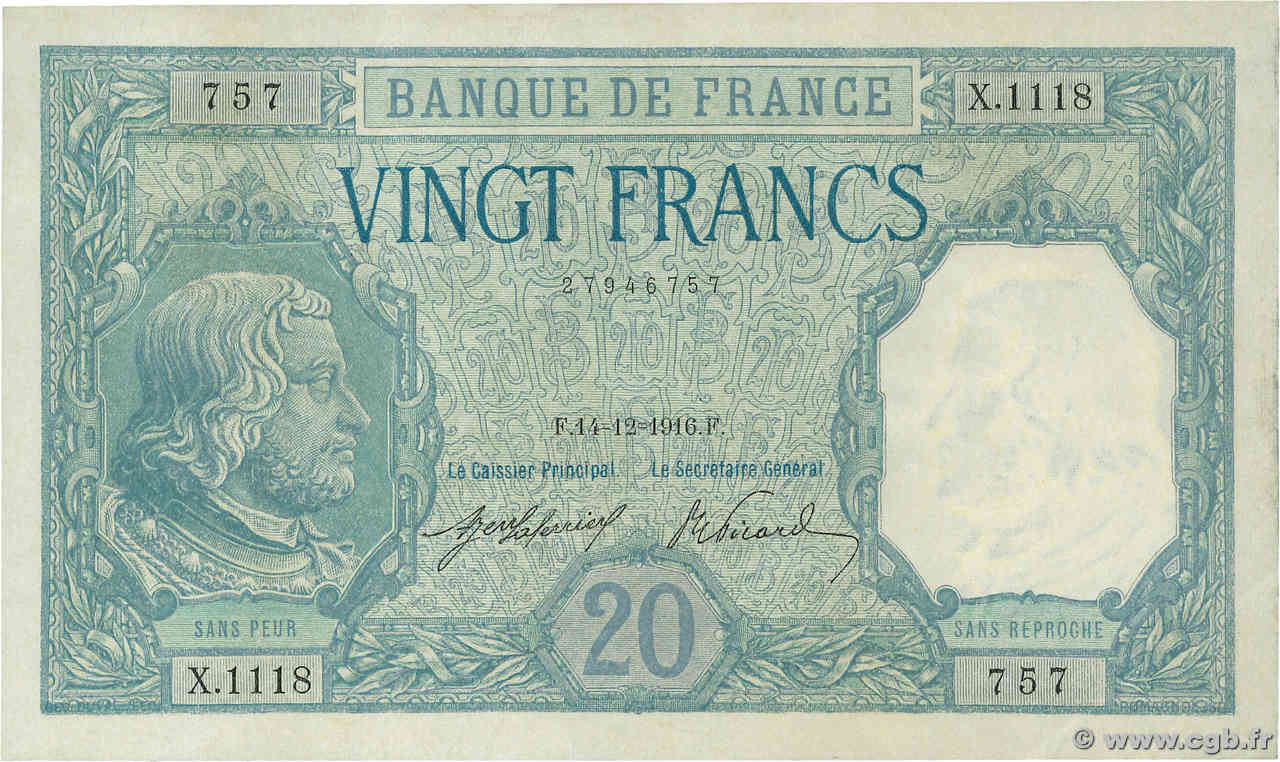 20 Francs BAYARD FRANCE  1916 F.11.01 AU