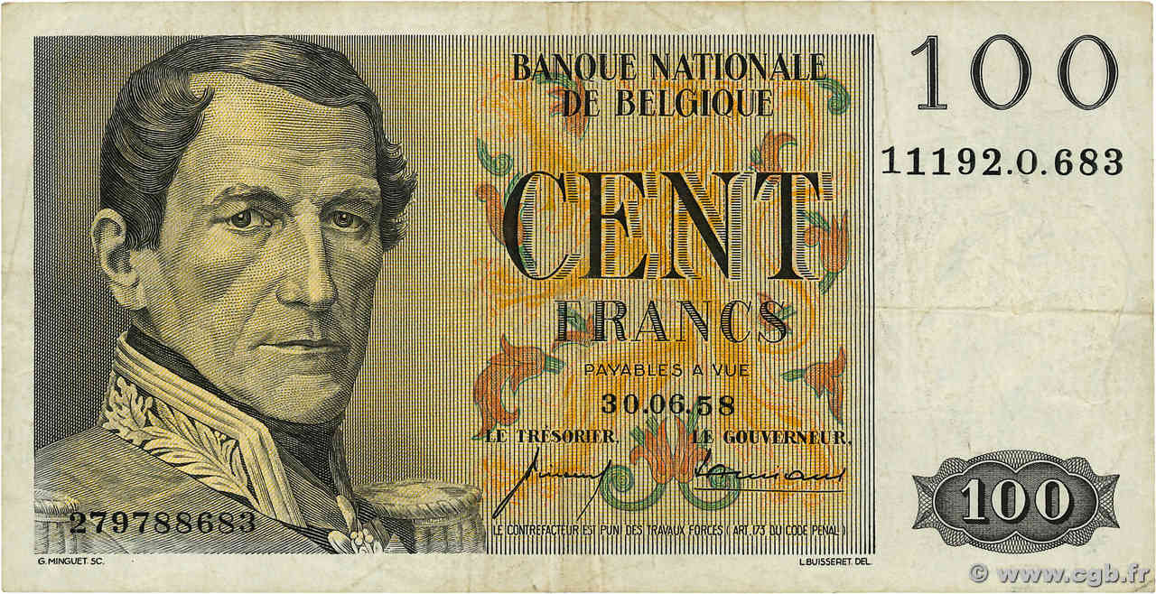 100 Francs BELGIQUE  1953 P.129 TB+