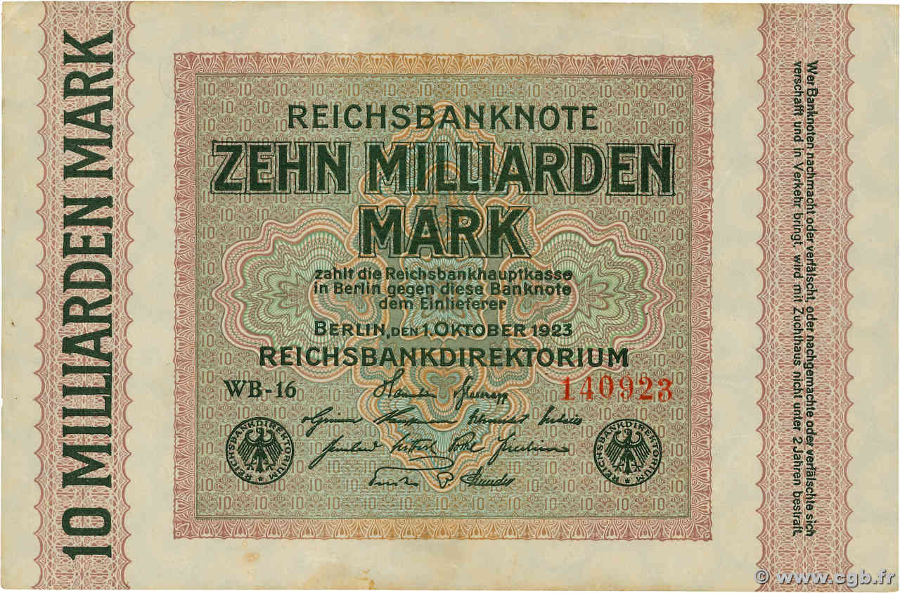 10 Milliarden Mark DEUTSCHLAND  1923 P.117b VZ+
