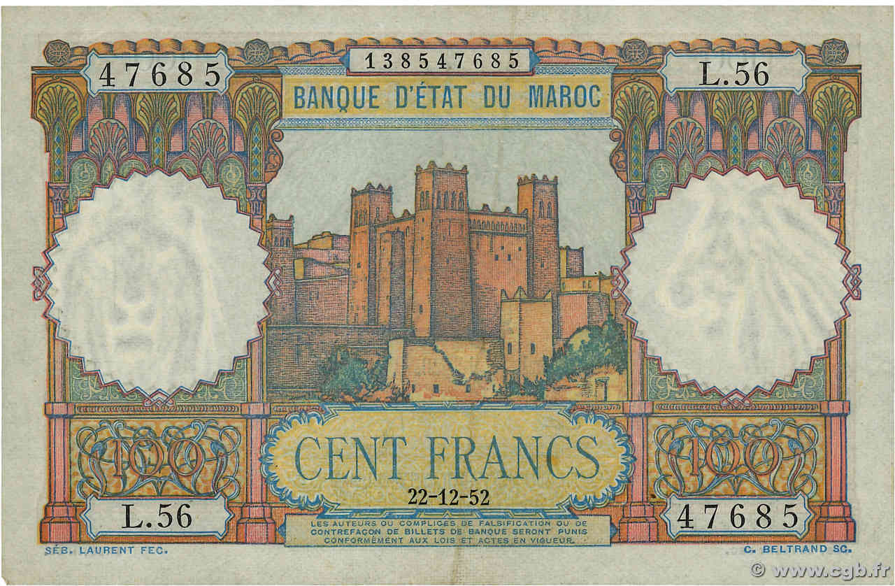 100 Francs MAROC  1952 P.45 TTB+