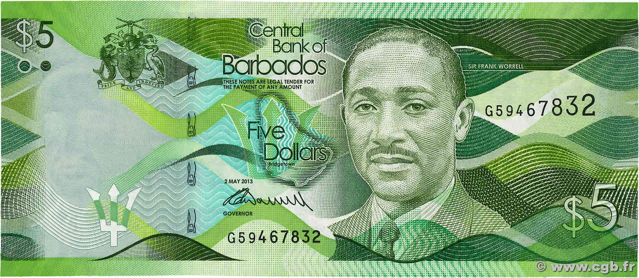 5 Dollars BARBADOS  2013 P.74a SC+