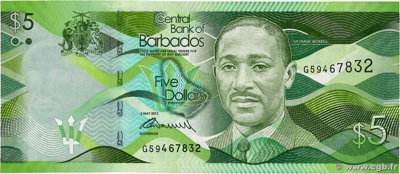 5 Dollars BARBADOS  2013 P.74a UNC-