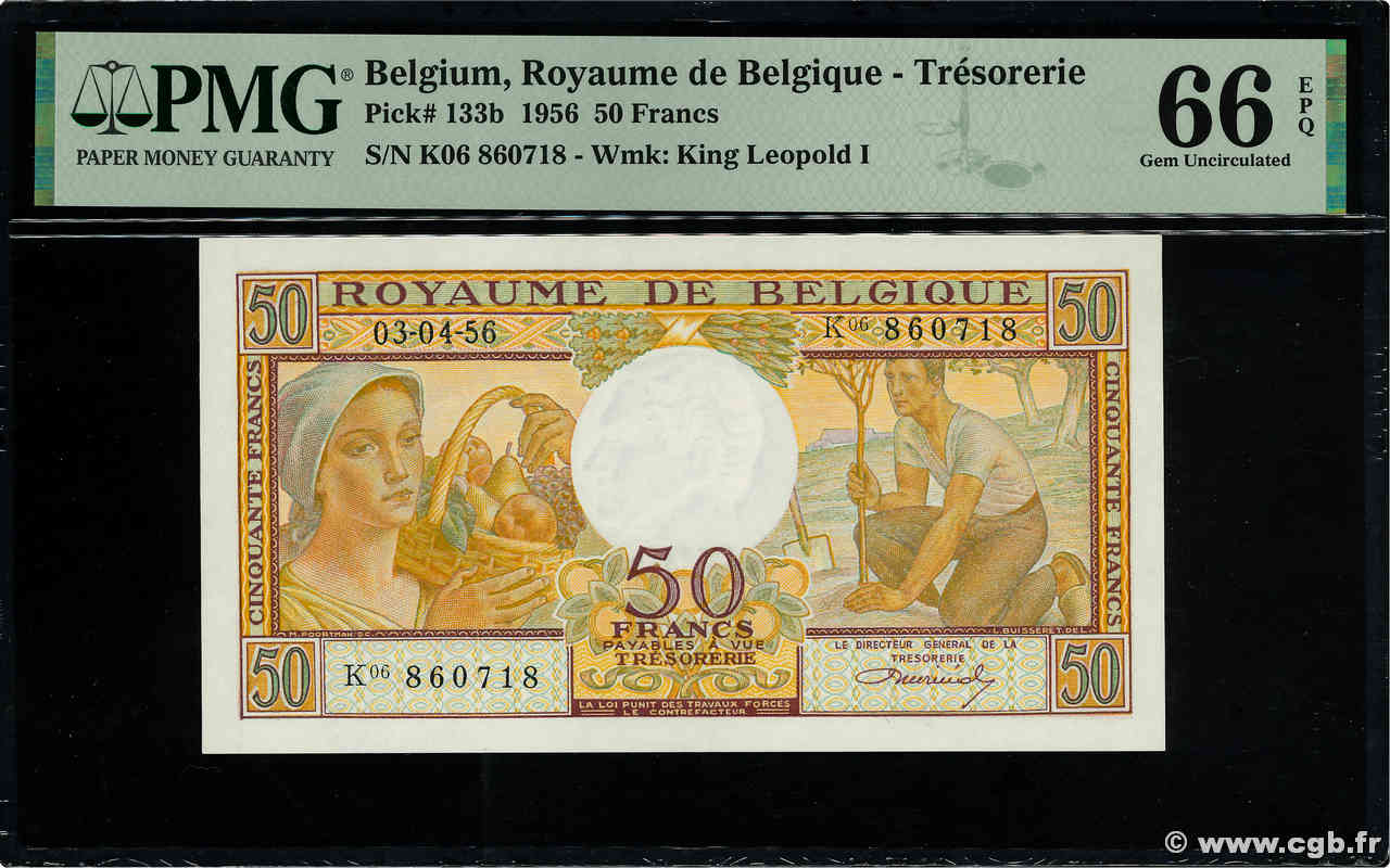 50 Francs BÉLGICA  1956 P.133b FDC