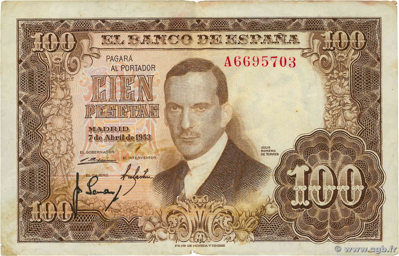 100 Pesetas ESPAGNE  1953 P.145 TB+