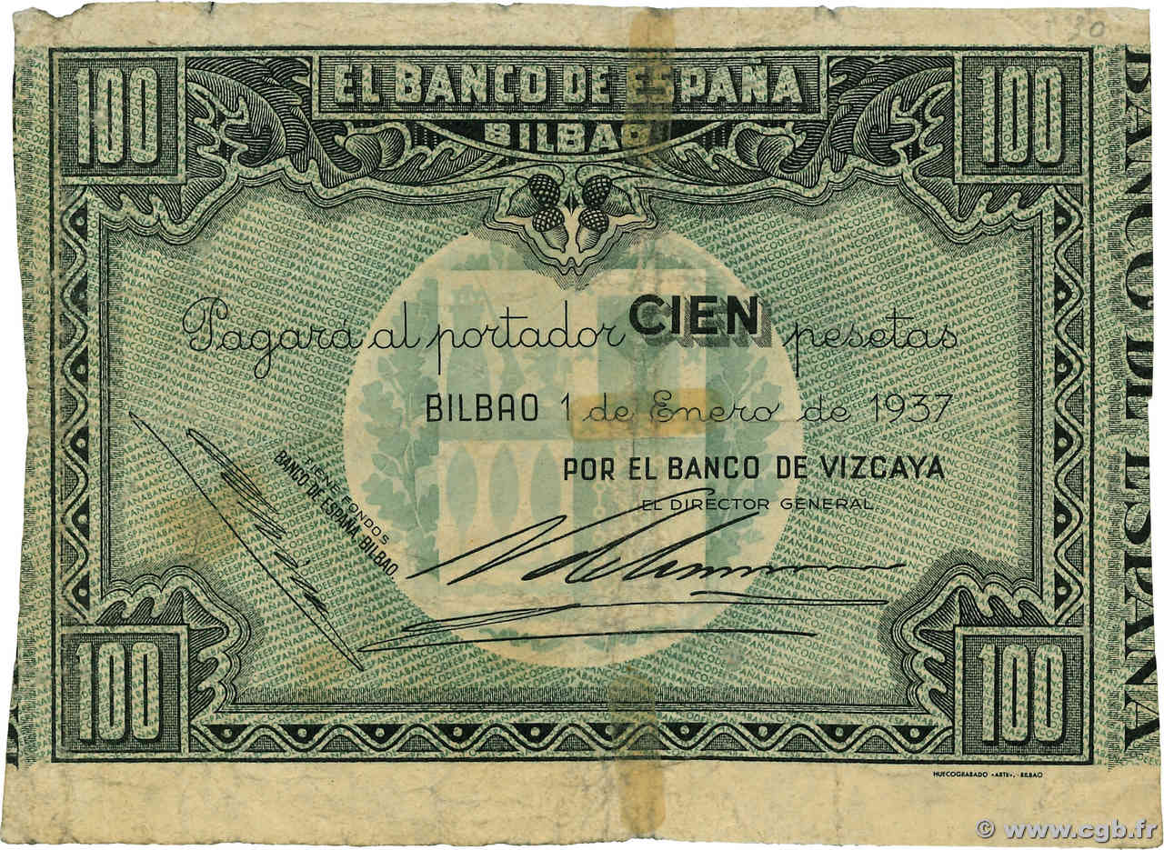 100 Pesetas ESPAGNE Bilbao 1937 PS.565a TB
