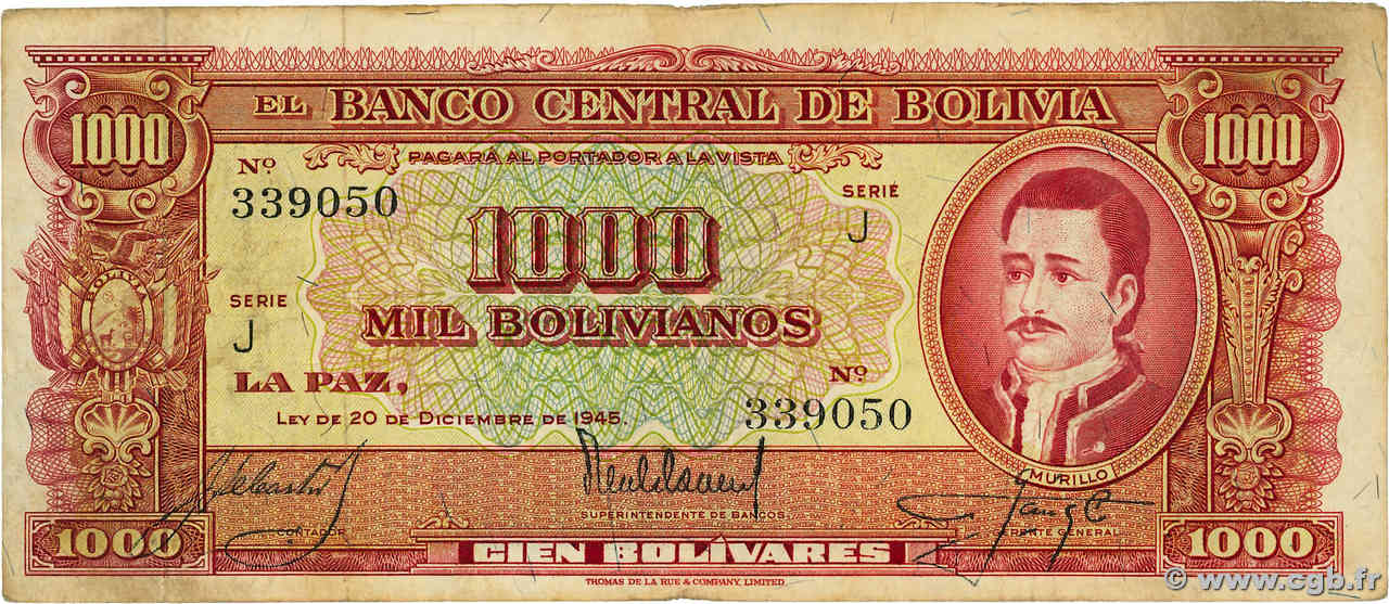 1000 Bolivianos BOLIVIA  1945 P.149 BC