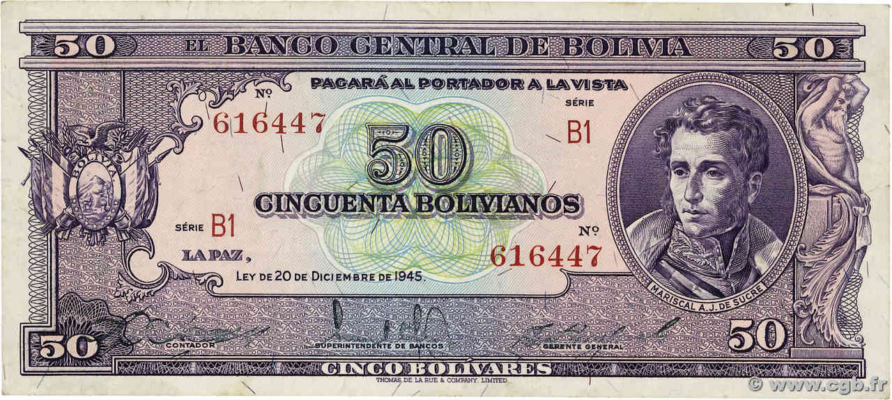 50 Bolivianos BOLIVIE  1945 P.141 TTB