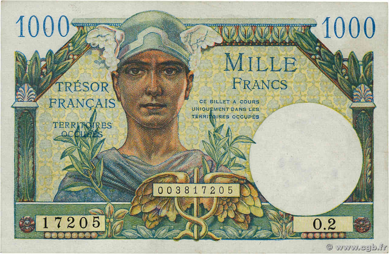 1000 Francs TRÉSOR FRANÇAIS FRANKREICH  1947 VF.33.01 fVZ