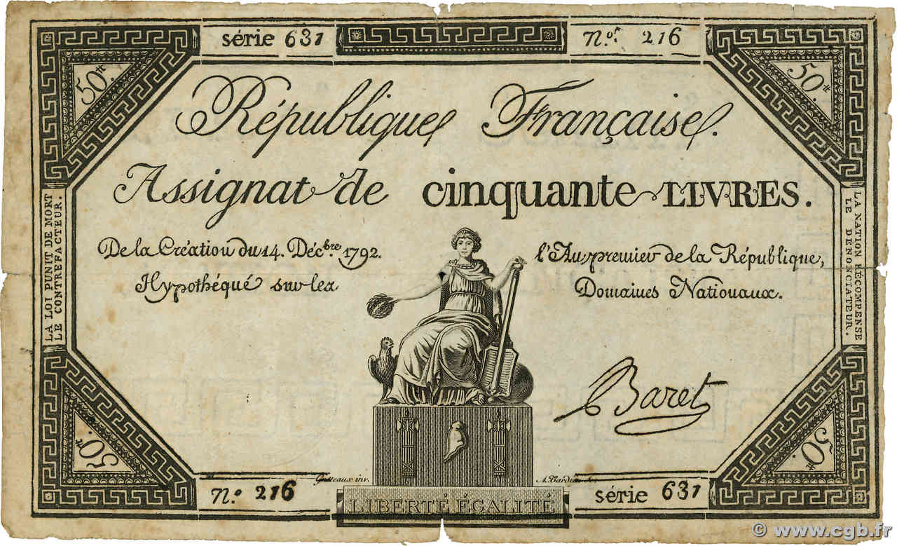 50 Livres Faux FRANCE  1792 Ass.39f TB+