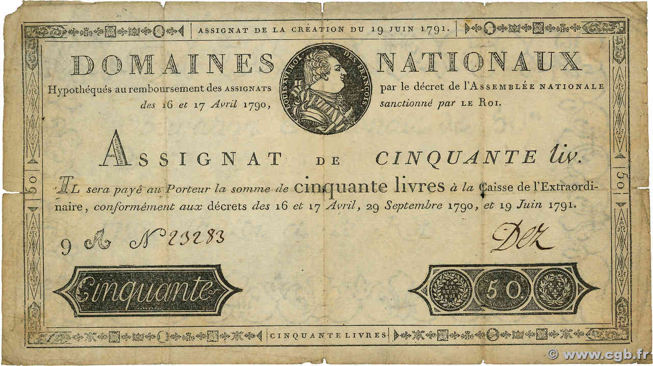 50 Livres FRANCE  1791 Ass.13a TB