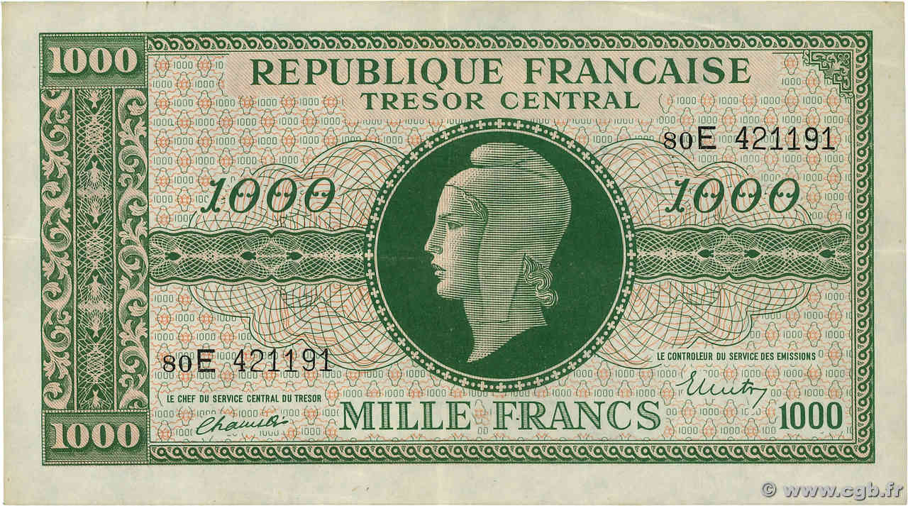 1000 Francs MARIANNE THOMAS DE LA RUE FRANKREICH  1945 VF.13.02 fVZ