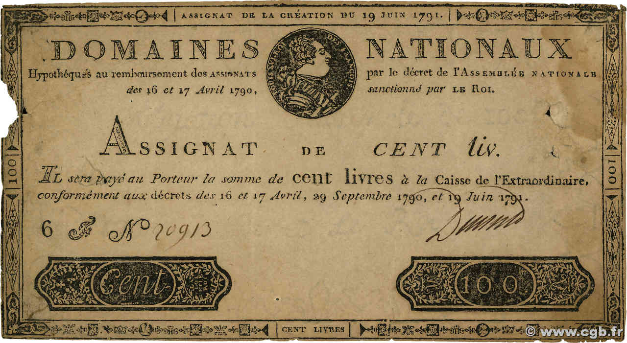 100 Livres Faux FRANCE  1791 Ass.15f G