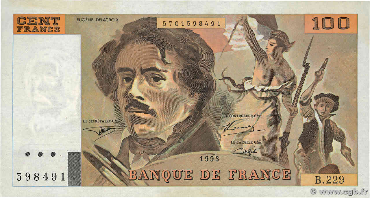 100 Francs DELACROIX imprimé en continu FRANCE  1993 F.69bis.08 TTB+