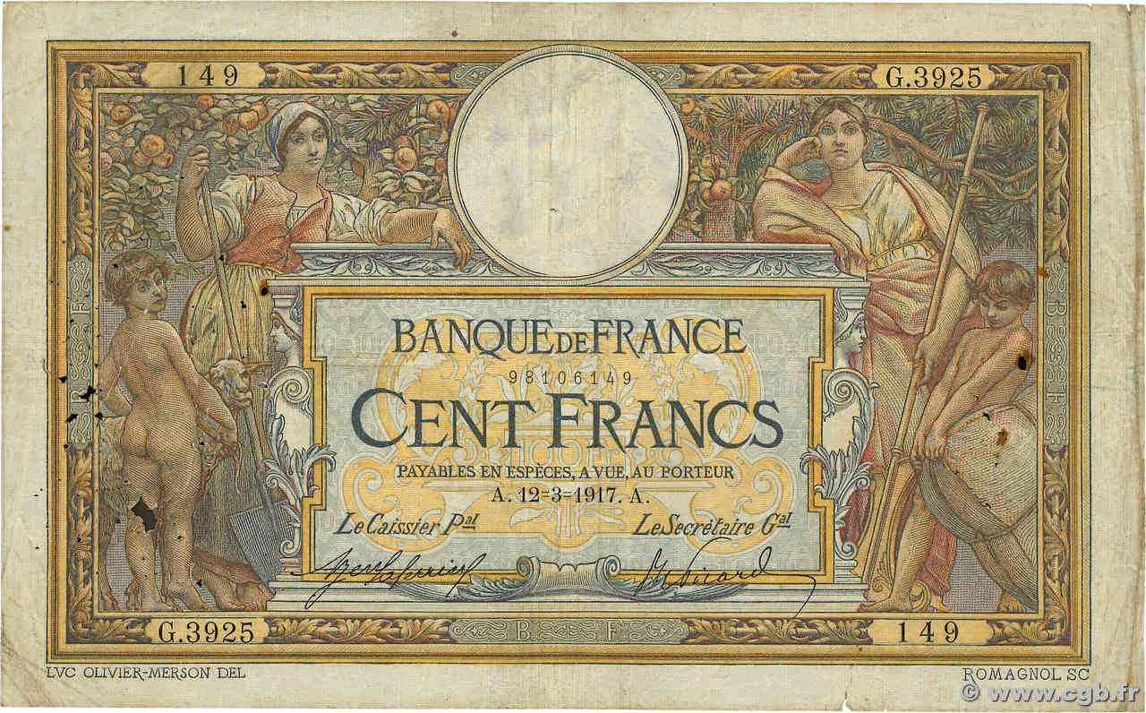 100 Francs LUC OLIVIER MERSON sans LOM FRANCE  1917 F.23.09 B