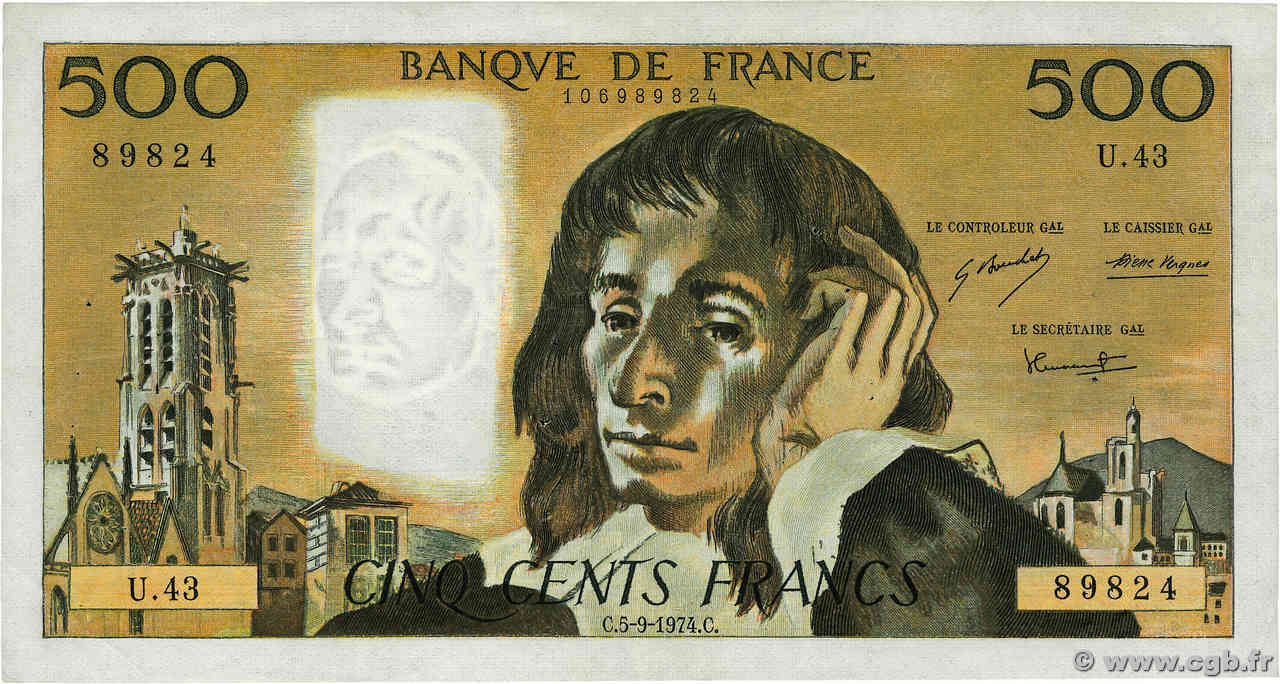 500 Francs PASCAL FRANCE  1974 F.71.11 VF
