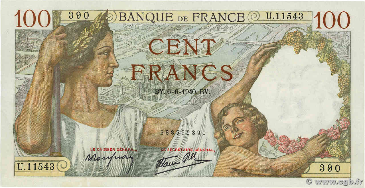 100 Francs SULLY FRANCIA  1940 F.26.31 AU+