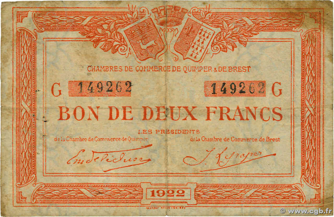 2 Francs FRANCE Regionalismus und verschiedenen Quimper et Brest 1922 JP.104.24 S