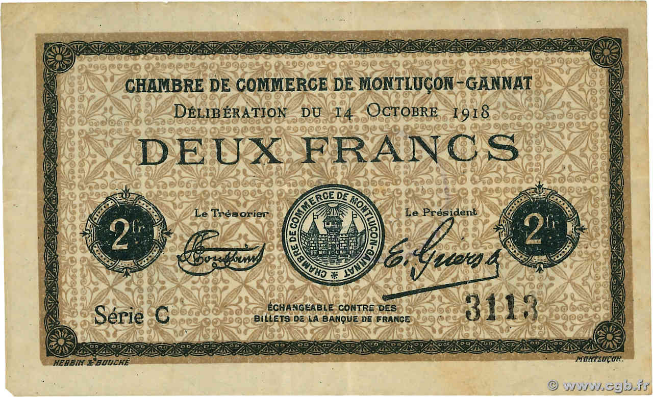 2 Francs FRANCE régionalisme et divers Montluçon, Gannat 1918 JP.084.49 TTB