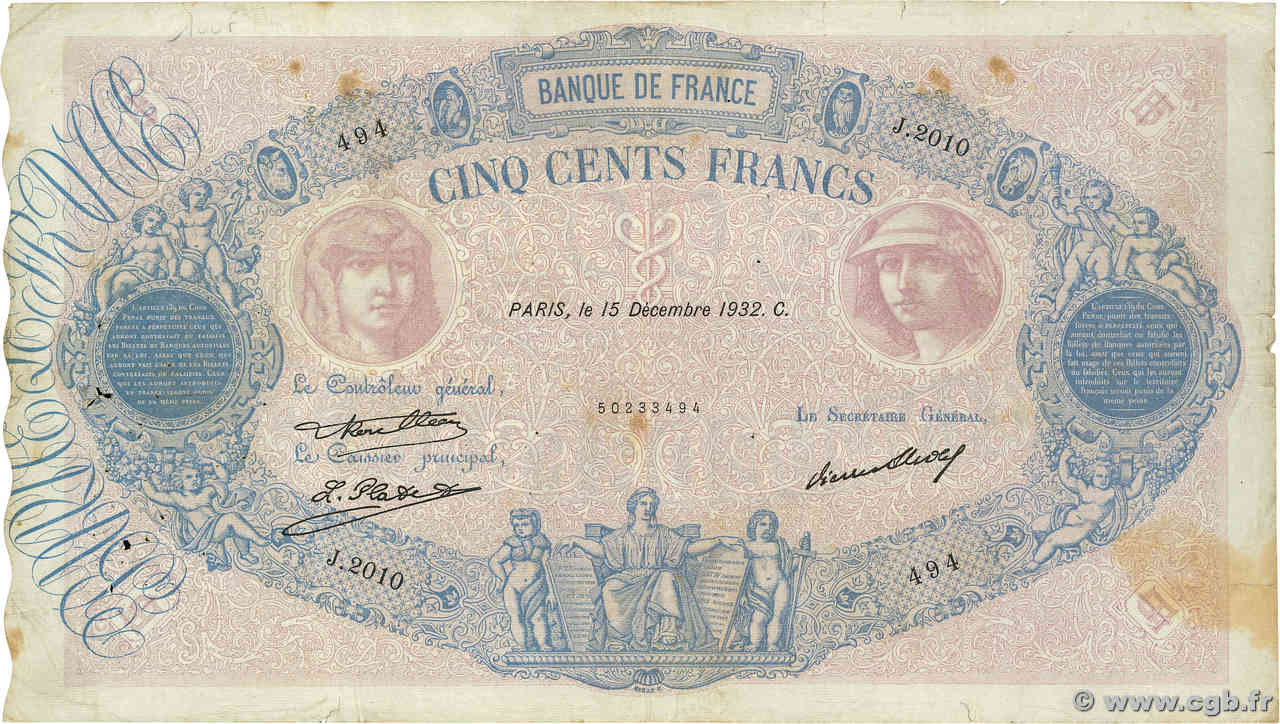 500 Francs BLEU ET ROSE FRANCE  1932 F.30.35 TB+