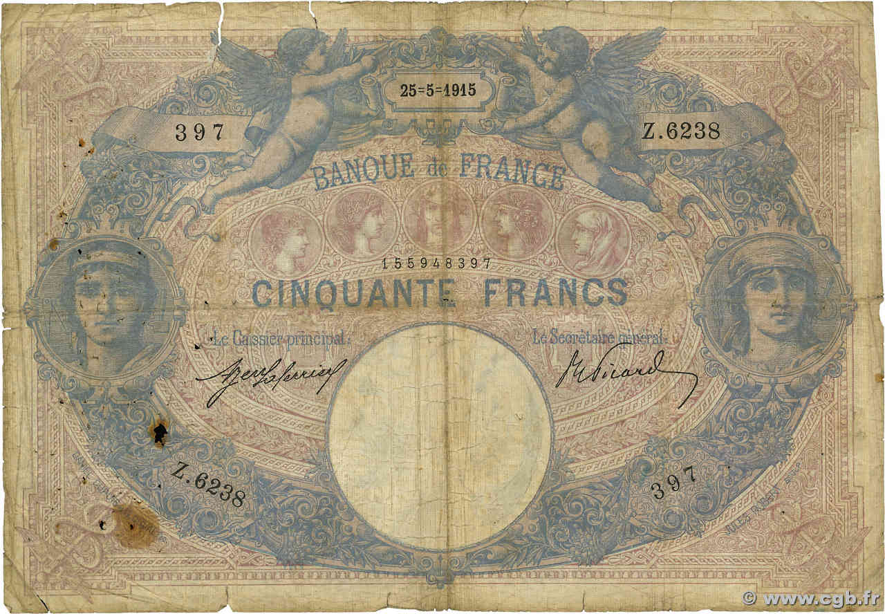 50 Francs BLEU ET ROSE FRANCE  1915 F.14.28 G