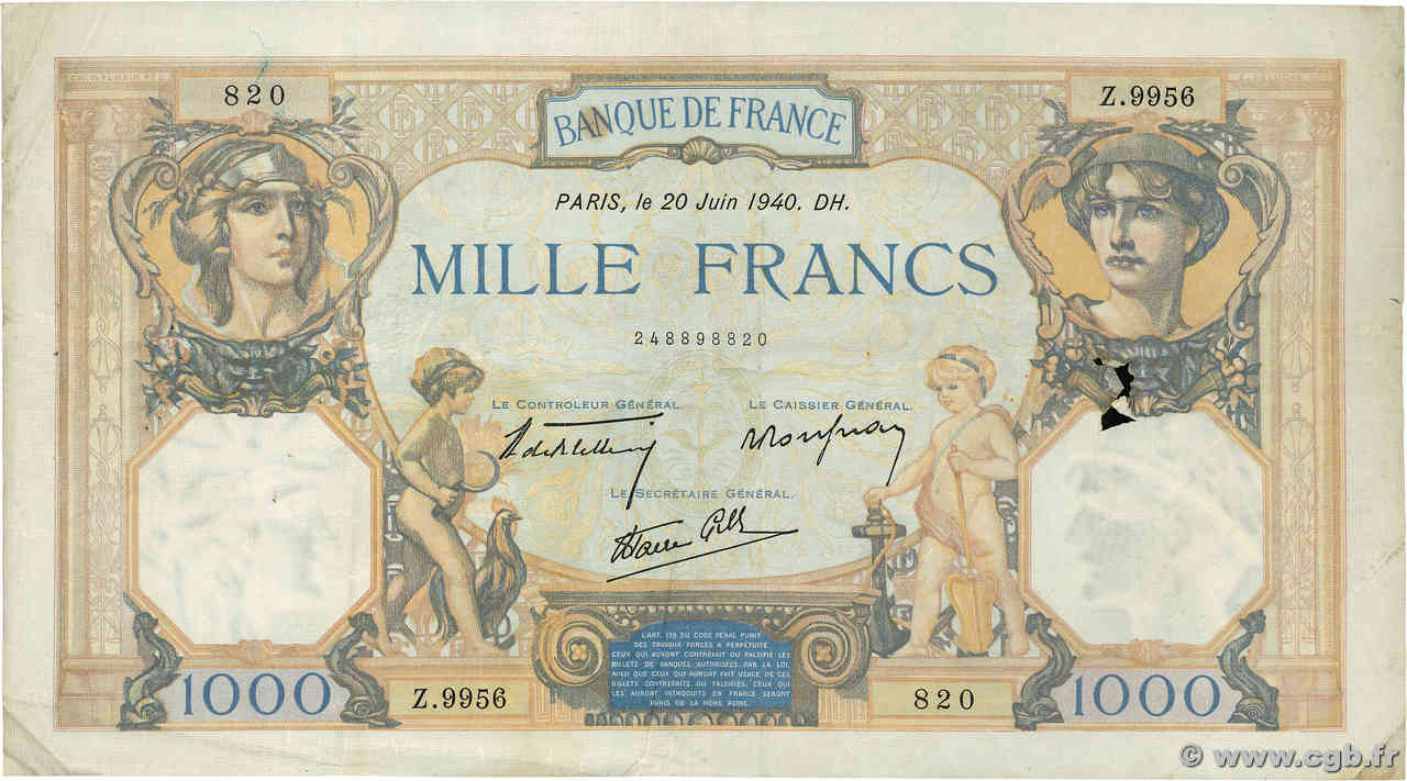 1000 Francs CÉRÈS ET MERCURE type modifié FRANCE  1940 F.38.49 TB+