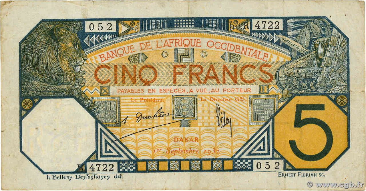 5 Francs DAKAR FRENCH WEST AFRICA Dakar 1932 P.05Bf F