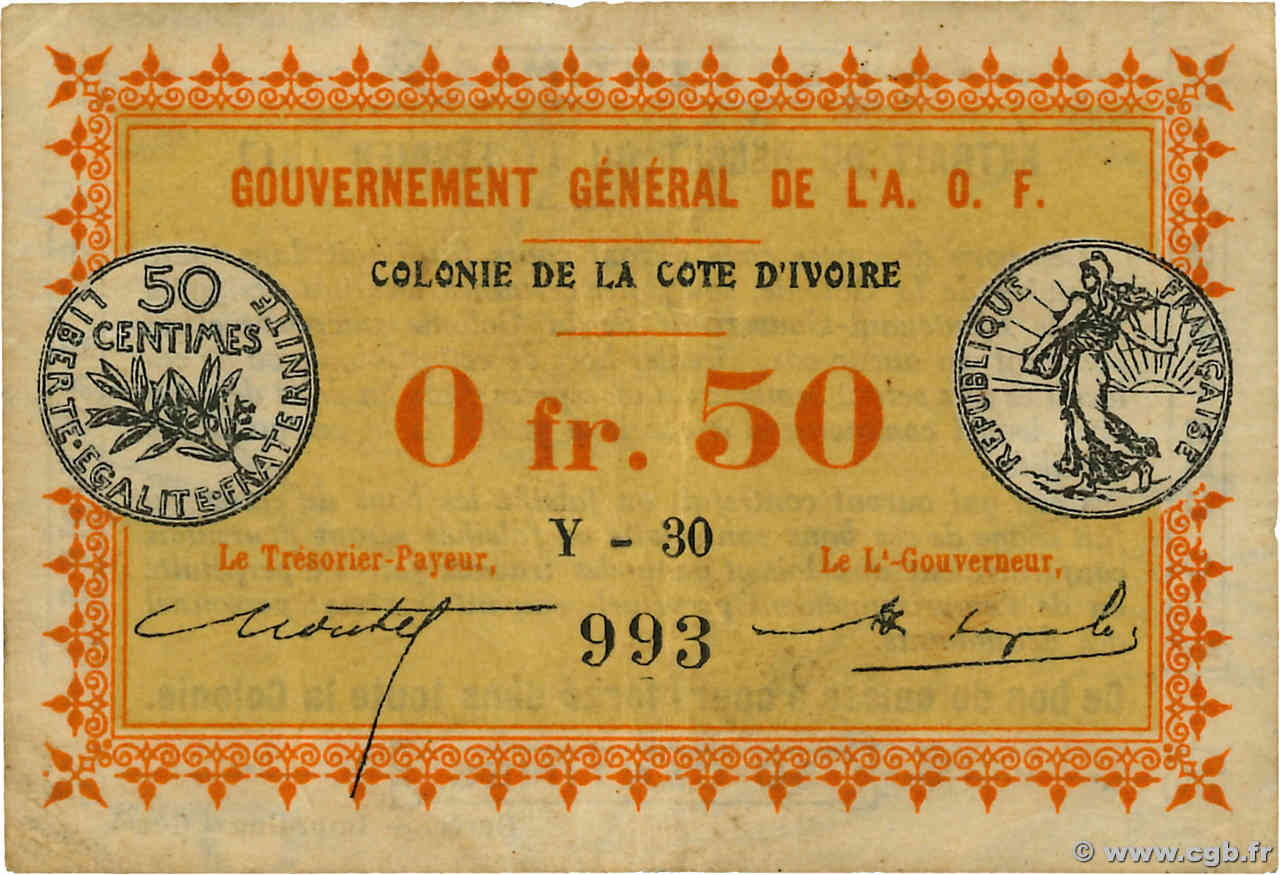 50 Centimes COTE D IVOIRE  1917 P.01b TTB