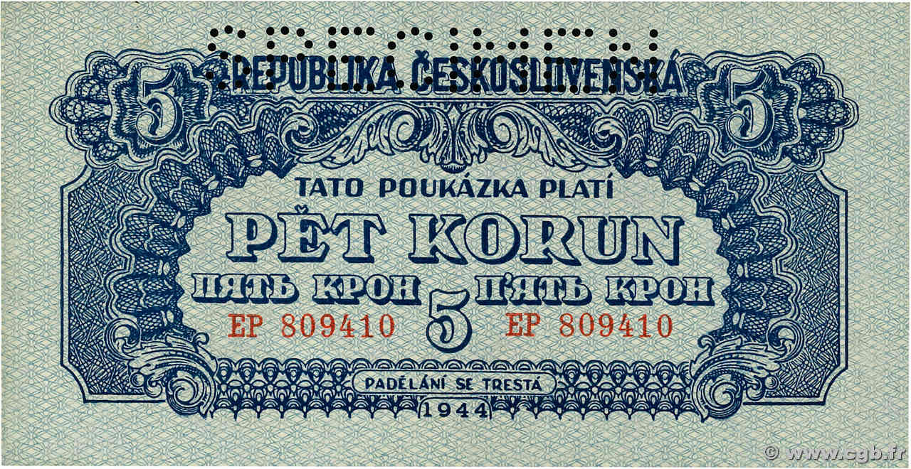 5 Korun Spécimen TCHÉCOSLOVAQUIE  1944 P.046s NEUF