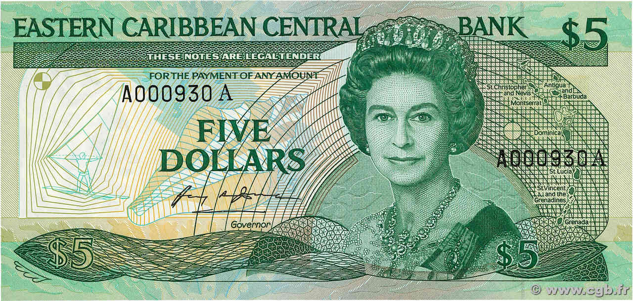 5 Dollars Petit numéro EAST CARIBBEAN STATES  1986 P.18a q.FDC