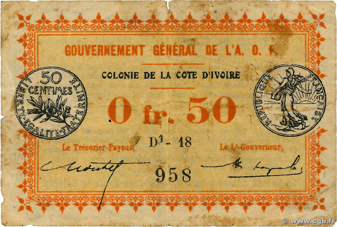 50 Centimes COTE D IVOIRE  1917 P.01b TB