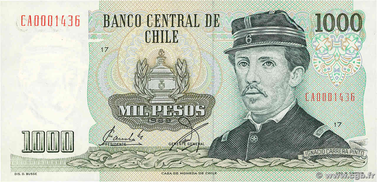 1000 Pesos CHILE  1989 P.154c UNC