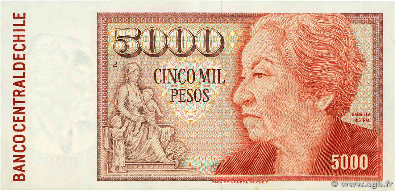 5000 Pesos CHILE  1989 P.155b XF+