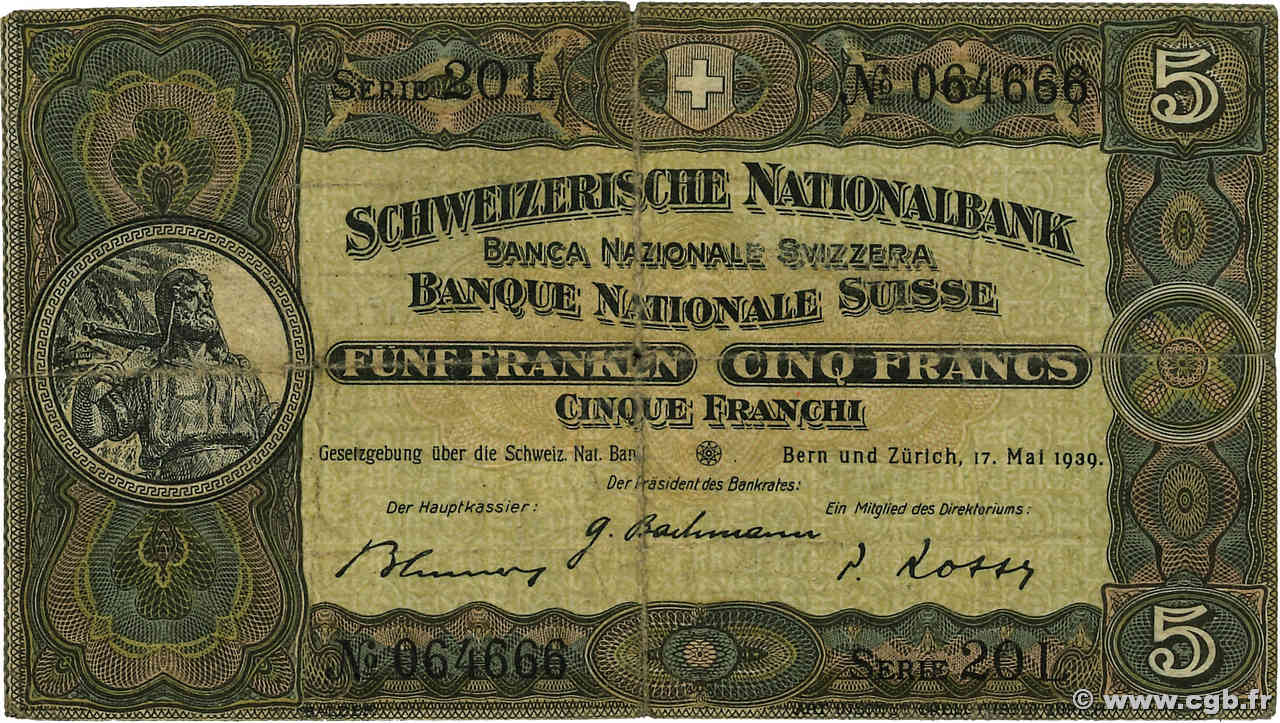 5 Francs SUISSE  1939 P.11i TB