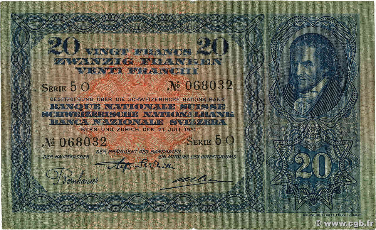 20 Francs SUISSE  1931 P.39c TB+