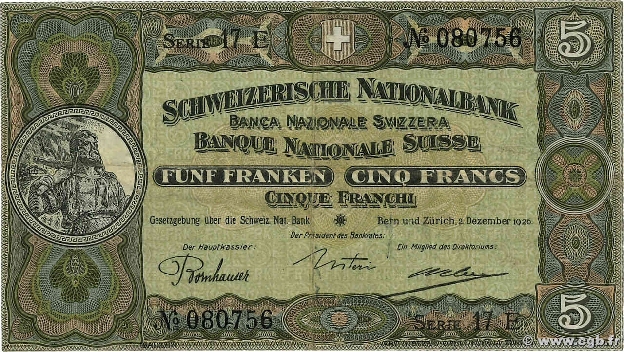 5 Francs SUISSE  1926 P.11f TTB