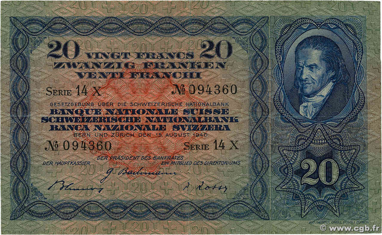 20 Francs SUISSE  1940 P.39o pr.TTB