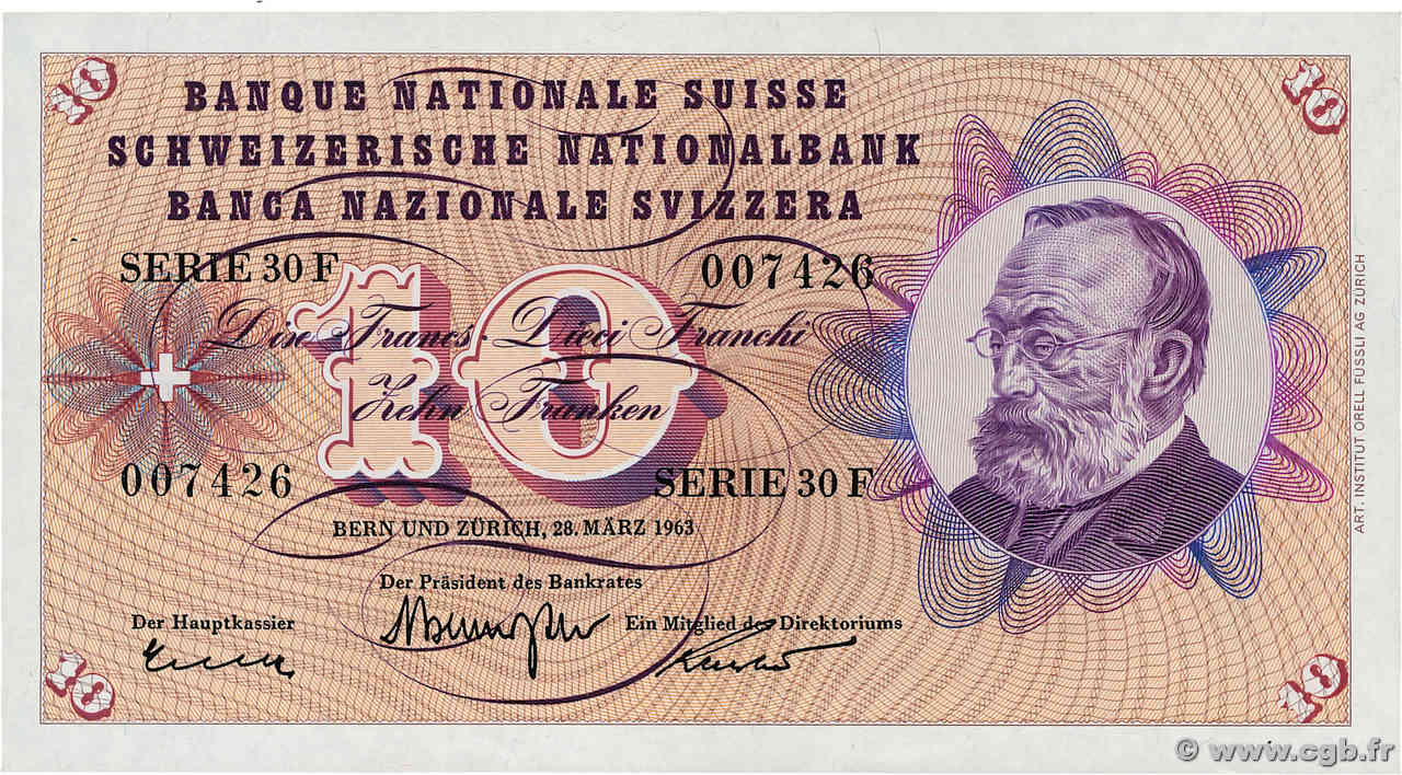 10 Francs SUISSE  1963 P.45h SUP