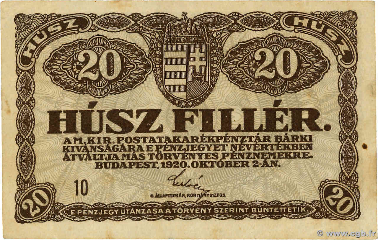 20 Filler HONGRIE  1920 P.043 TTB