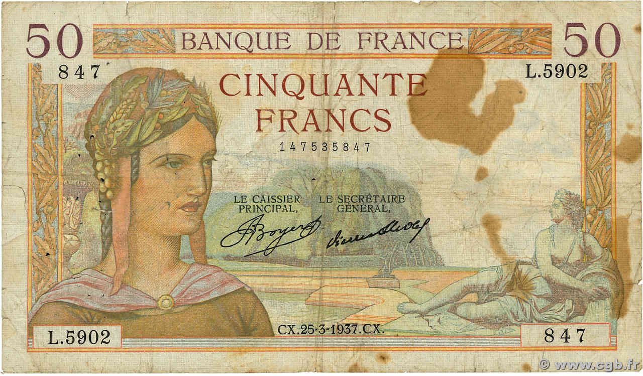 50 Francs CÉRÈS FRANCE  1937 F.17.36 B