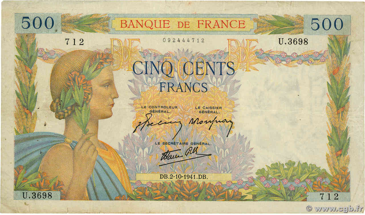 500 Francs LA PAIX FRANCE  1941 F.32.22 TB
