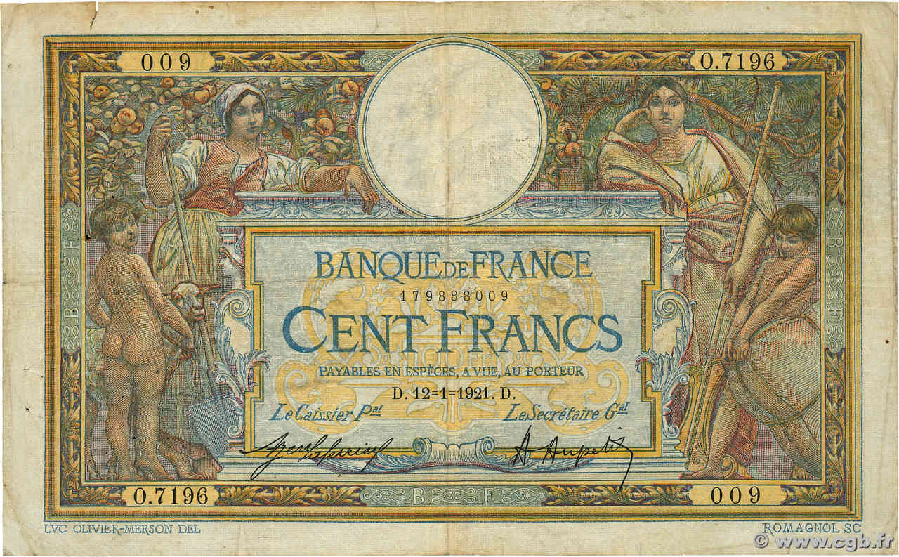100 Francs LUC OLIVIER MERSON sans LOM FRANCE  1921 F.23.14 B+