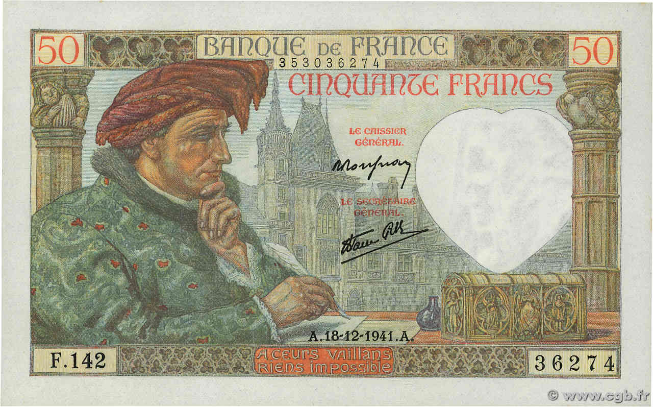 50 Francs JACQUES CŒUR FRANCE  1941 F.19.17 UNC