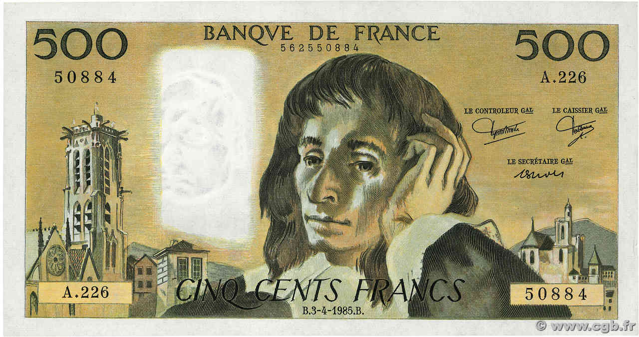 500 Francs PASCAL FRANCE  1985 F.71.33 SPL