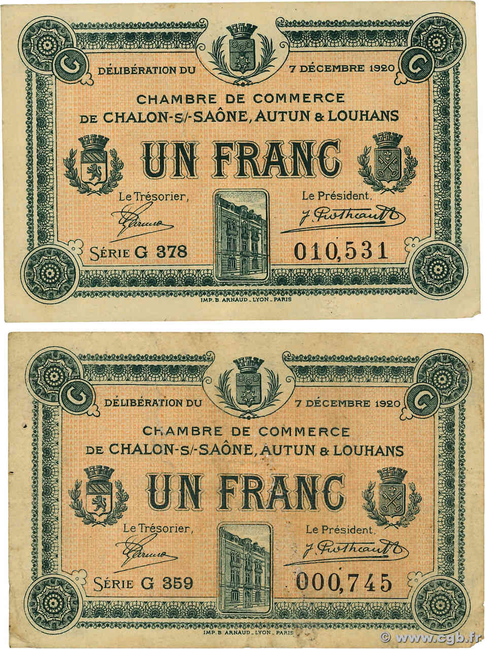 1 Franc Lot FRANCE régionalisme et divers Châlon-Sur-Saône, Autun et Louhans 1920 JP.042.30 TTB