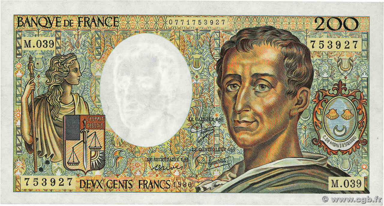 200 Francs MONTESQUIEU FRANCE  1986 F.70.06 TTB+