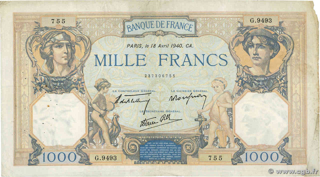 1000 Francs CÉRÈS ET MERCURE type modifié FRANCIA  1940 F.38.46 MB