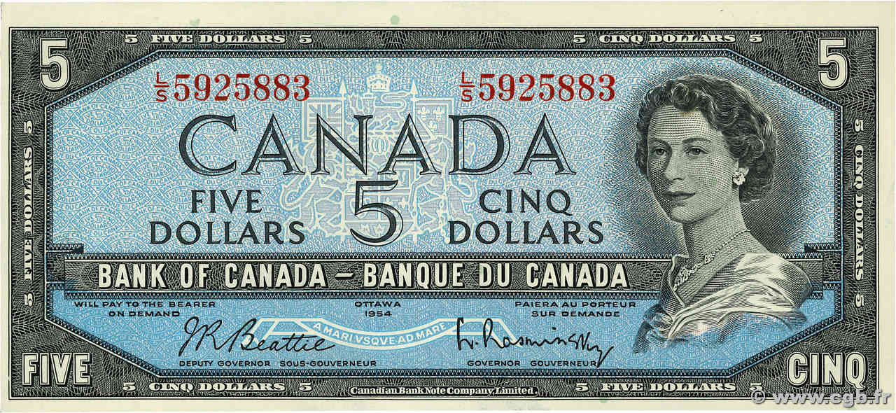 5 Dollars Fauté CANADá
  1954 P.077b MBC+